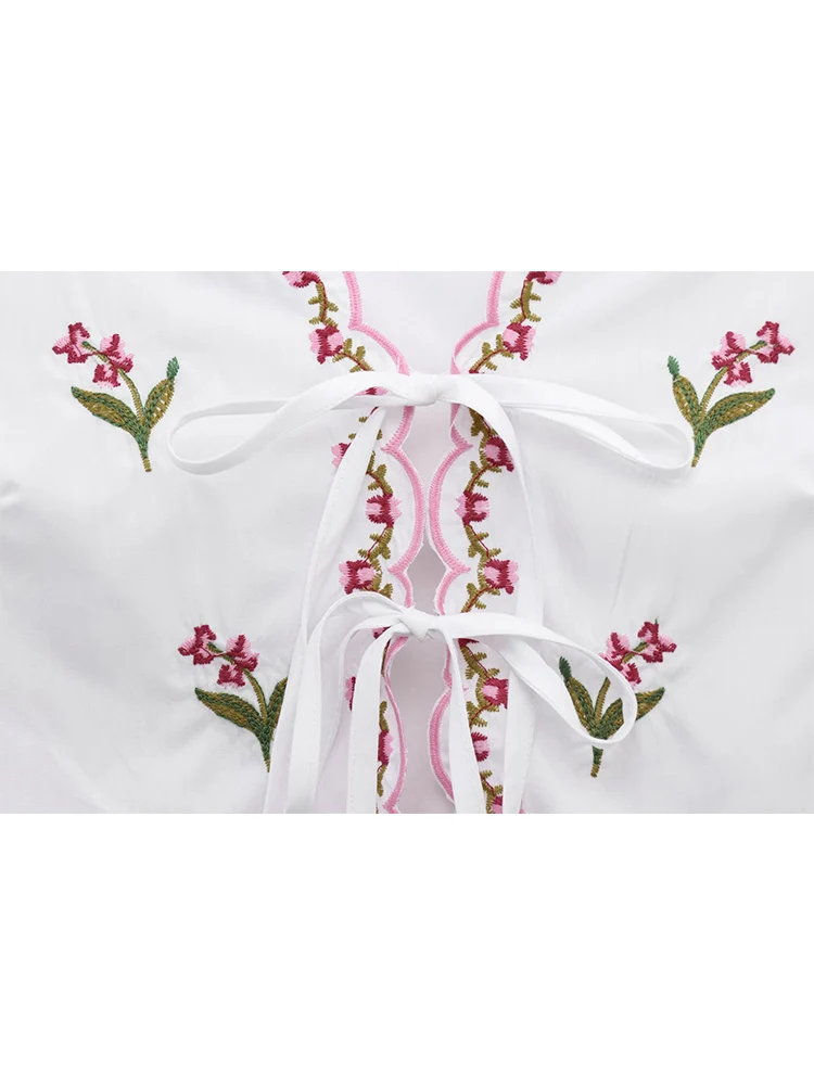 TFMLN Embroidery Shirts Blouses For Womens Summer Lace Up Round Neck Short Top Loose Short Sleeve Casual Shirt Retro Style