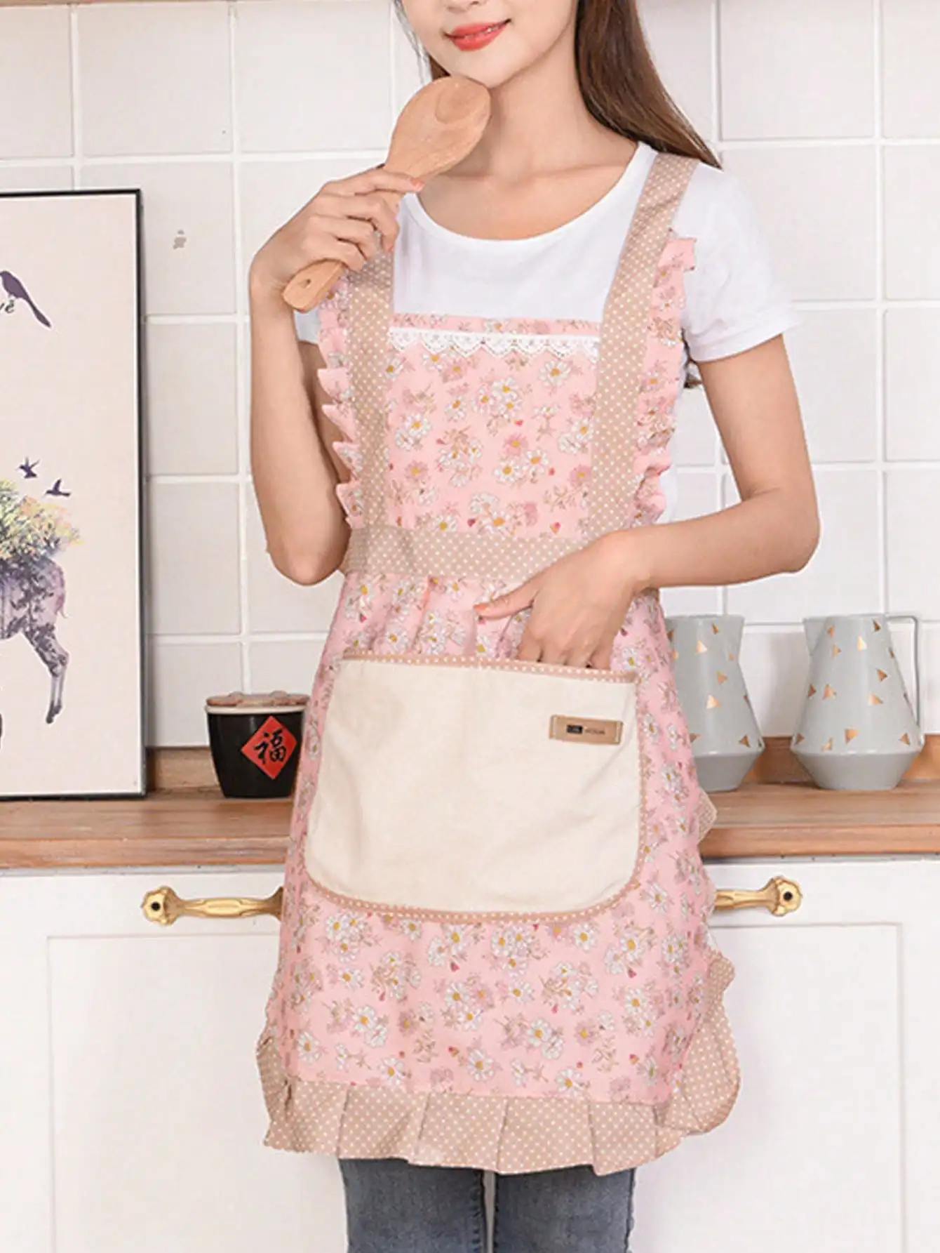 

1pc Canvas Floral Print Apron With Princess Style Waistband, Breathable And With Pockets, Stylish Coverall For Home Kitchen Work