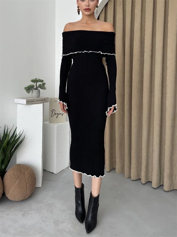 Ruffled Slim Knit Dress Women's Backless Long Sleeve Bandeau Contrast Autumn Party Dress Fashion Knitwear Maxi Dress