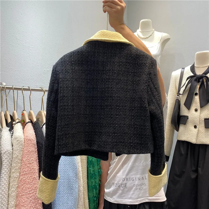 Short Tweed Jacket For Women 2023 Autumn Autumn Long Sleeve Outwear Ladies Temperament  Turn Down Collar Korean Cropped Coat