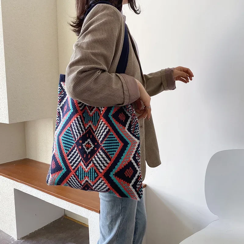 

Vintage Shoulder Bag for Women Cotton Cloth Girls Tote Shopping Bag Large Female Handbag Daily Crochet Bag Bolsa Feminina
