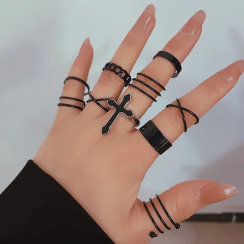 Boho Wave Black Joint Ring Sets for Women Charms Hollow Geometric Simple Party Jewely Accessories 17512