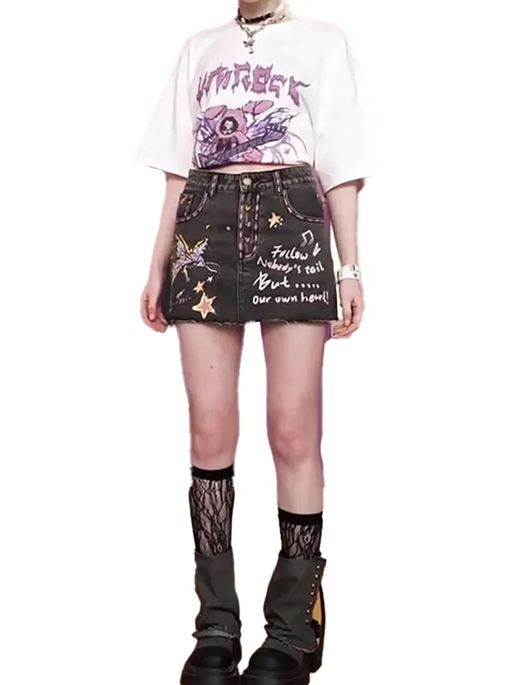 

Женская мини-юбка с завышенной талией, черная облегающая трапециевидная юбка с запахом и принтом, модель Gyaru в стиле Хай-стрит на лето, 2024