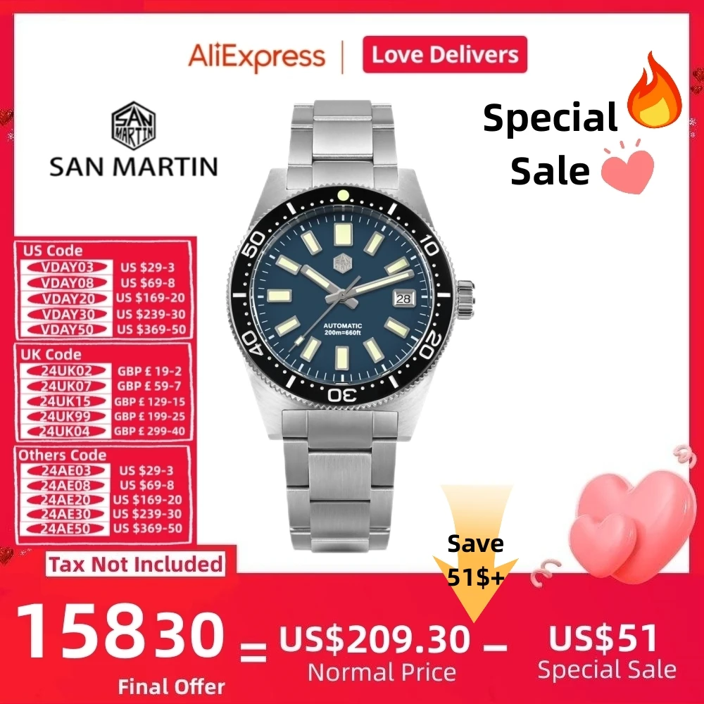 San Martin 39Mm 62Mas Nh35 Orologio Automatico Da Uomo Orologio Da Polso Impermeabile Data 20Bar Bracciale Tropical Fkm Cinturino In Gomma Lume Sn0007
