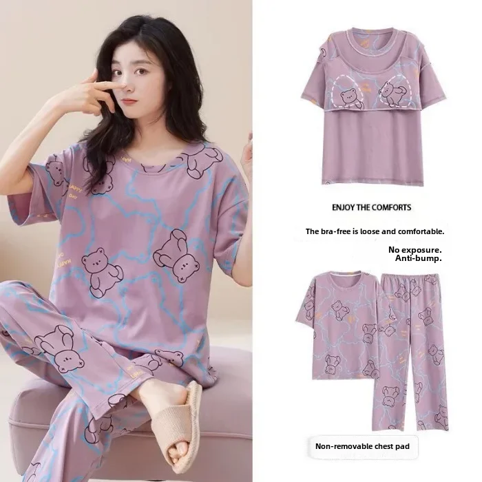 Conjunto de pijama de primavera y otoño para mujer, con almohadillas para el pecho, mangas cortas, corte holgado, ropa de casa fina, adecuada para uso exterior