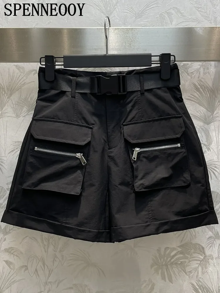 

Fashion Runway Summer Black Casual Shorts Women's Solid Color Zippers Multi Pocket Belt Slim Straight Barrel Pants