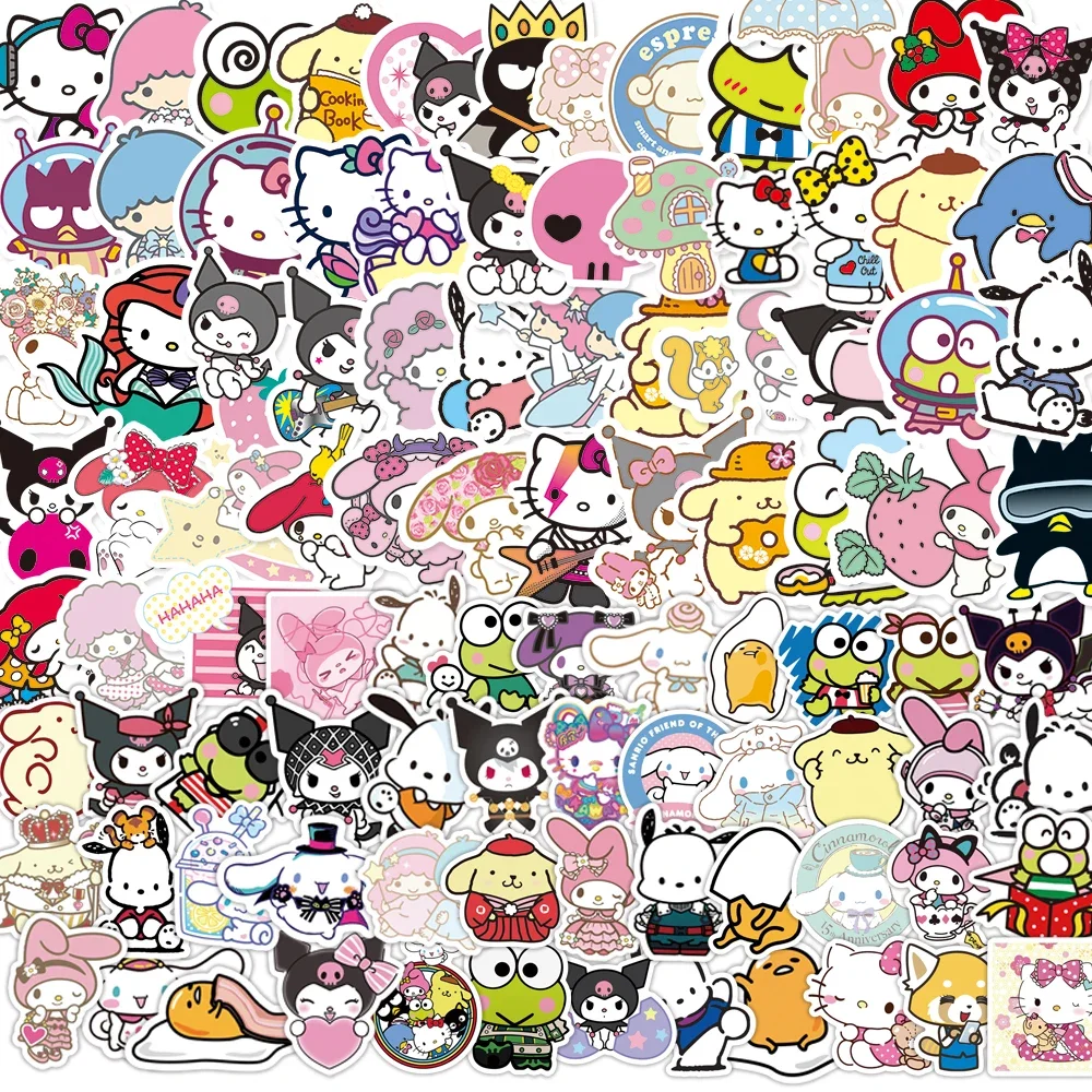 10/50/100/200Pcs Kawaii Hello Kitty Kuromi Cinnamoroll Stickers Phone Car Skateboard Laptop Decal Sticker Waterproof Classic Toy