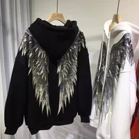 Oversized Rhinestone light luxury wing long-sleeved hooded jacket with fleece and thickened women's hoodie
