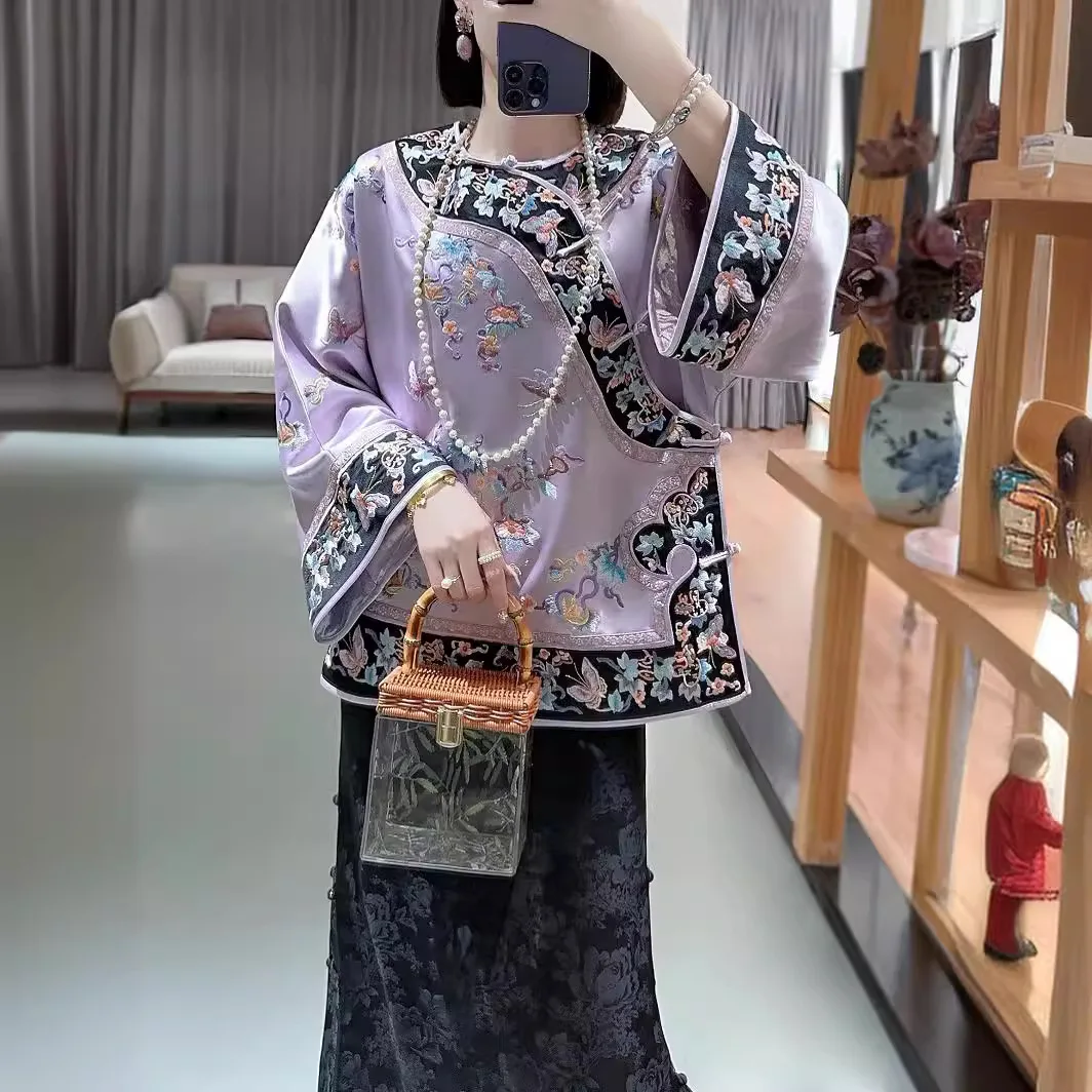 High-end Spring Women Acetate Top Retro Embroidery Butterfly Love Flower Elegant Lady Loose Coat Palace of the Qing Rulers S-XXL