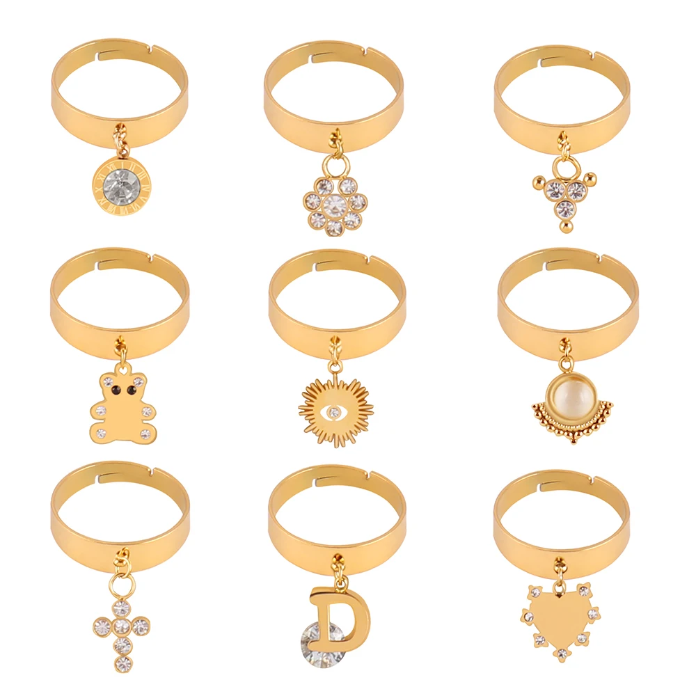 Punk Stainless Steel Rings for Women Ring Gold Color Open Pendant Charm Finger Zircon Jewelry Gift Wholesale |