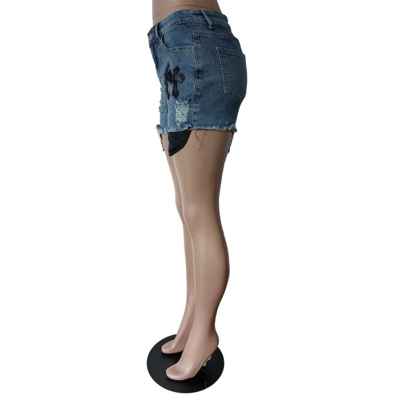 Women Rivet Tassel Denim Shorts Spring Summer 2024 Fashion Button Zipper Casual All Match Y2k Short Bottoms Hipster Streetwear