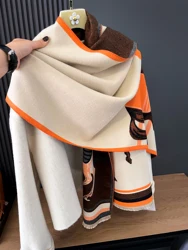 Luxurious Women's Cashmere Scarf - Horse Print Winter Blanket Shawl with Tassels (Beige)