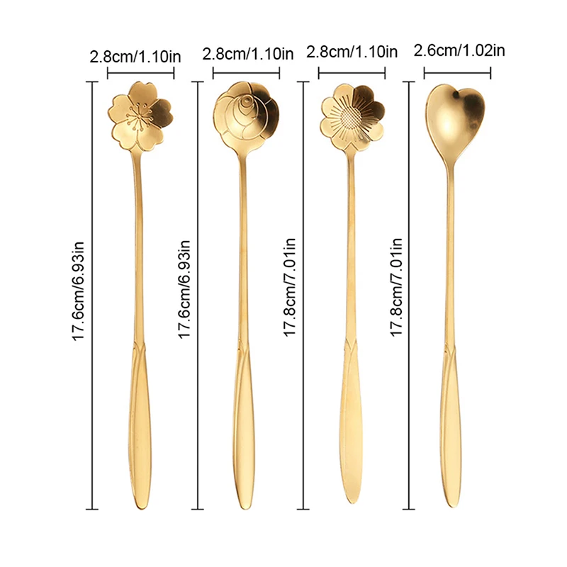 Mixing Spoons Small Flower Teaspoon Stainless Steel Coffee Spoon Cute Ice Cream Dessert Spoon Kitchen Accessories 4Pcs/Set