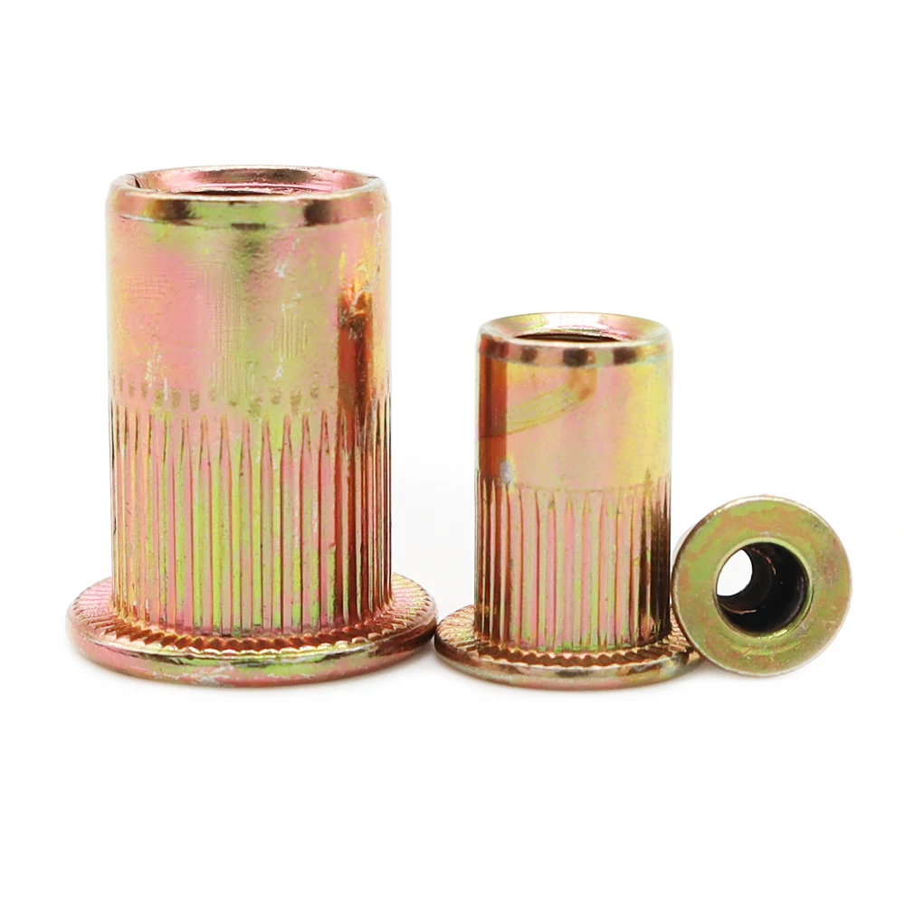 

200/1000PCS Carbon Steel Knurled Nuts Rivnut Flat Head Threaded Rivet Insert Nutsert Cap Rivet Nut 1/4 5/16 3/8 1/2
