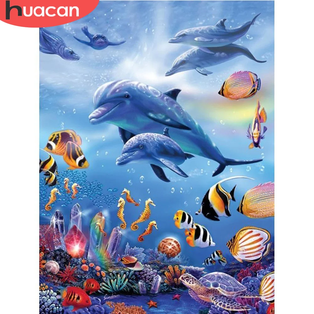 HUACAN Full Round Diamond Painting Dolphin 5D Diamond Embroidery Animals  Kit Mosaic Home Decor