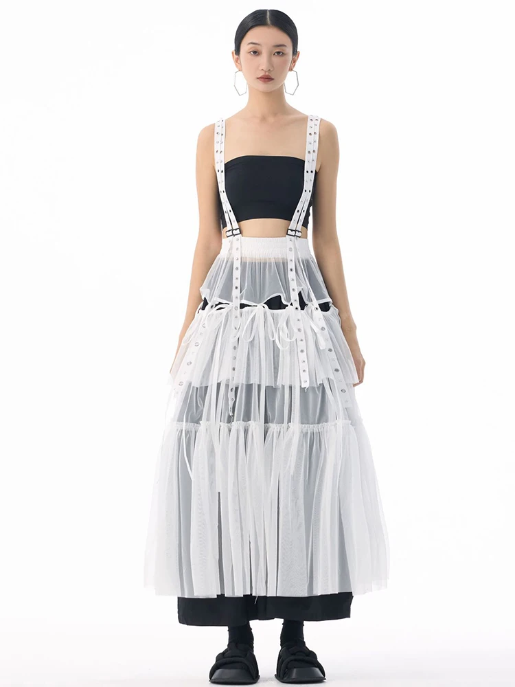 [EAM] High Elastic Waist Coffee Mesh Perspective Ribbon Strap Half-body Skirt Women Fashion Tide New Spring Autumn 2026 1DJ5044