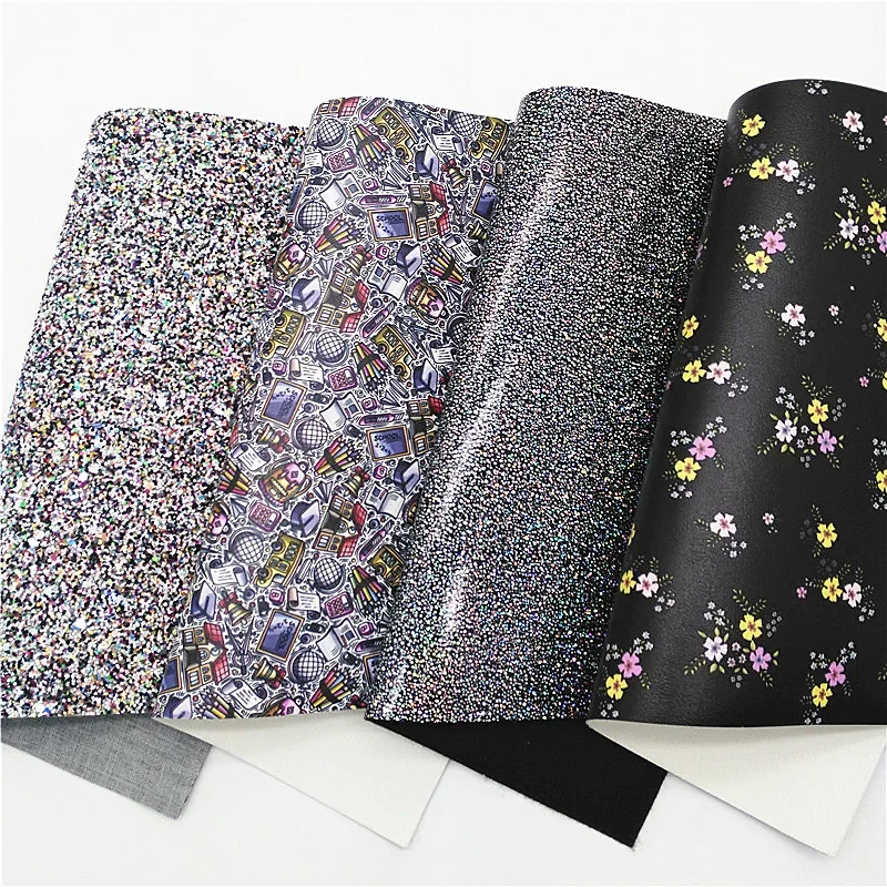 School Bags Books Custom Synthetic Leather Sheets Smooth Glitter Leather Flowers Printed Faux Leather For Bows DIY 21x29CM Q1240