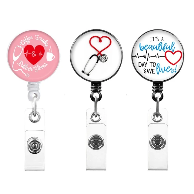 Pink Love Stethoscope Easy-to-pull ID Badge Clip Porta Credencial