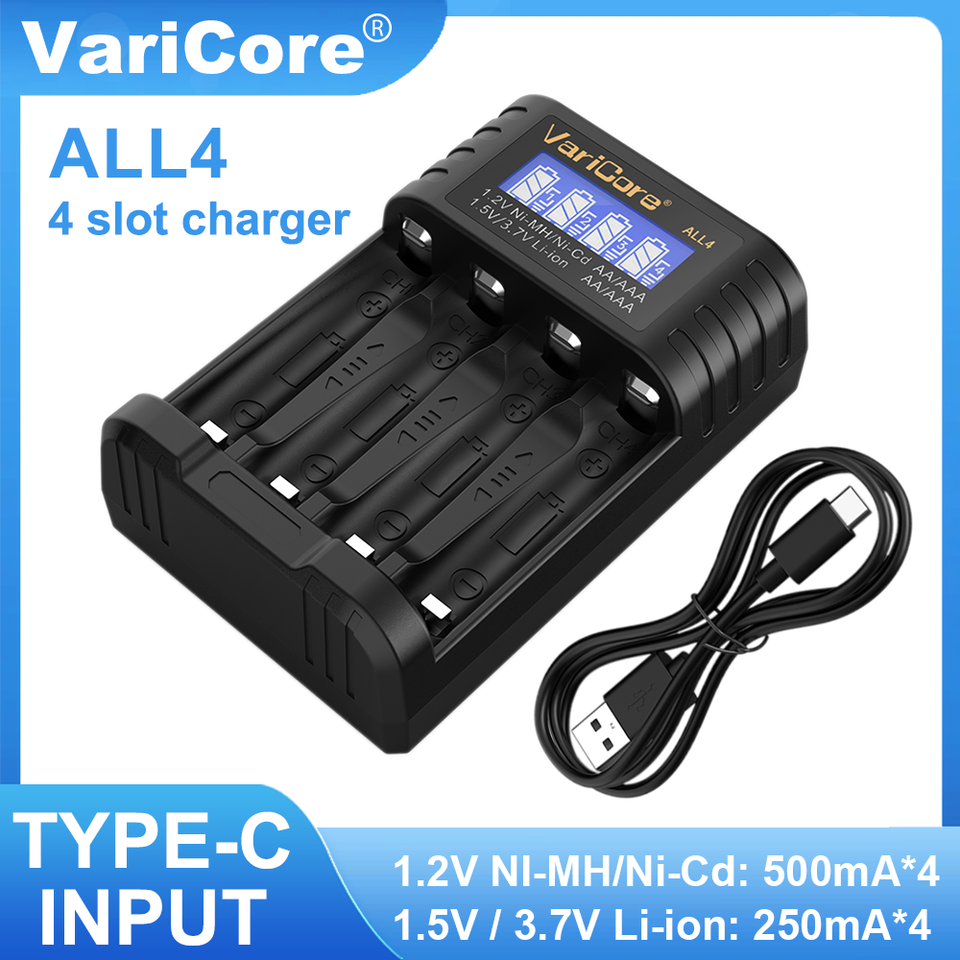 VariCore 4-Slot Smart Charger for 1.5V Li-ion/1.2V AA AAA Ni-MH & 14500 Batteries, USB Universal Intelligent Charger with Auto D