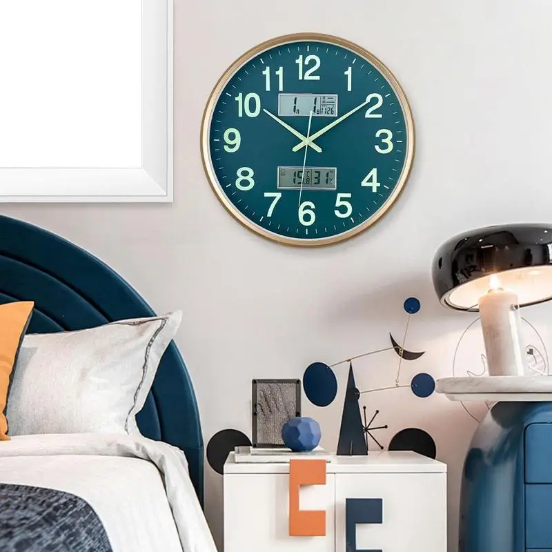 38cm Wall Clock Silent Non Ticking Round Silent Clock with Calendar & Temperature & Humidity Digital Display Luminous