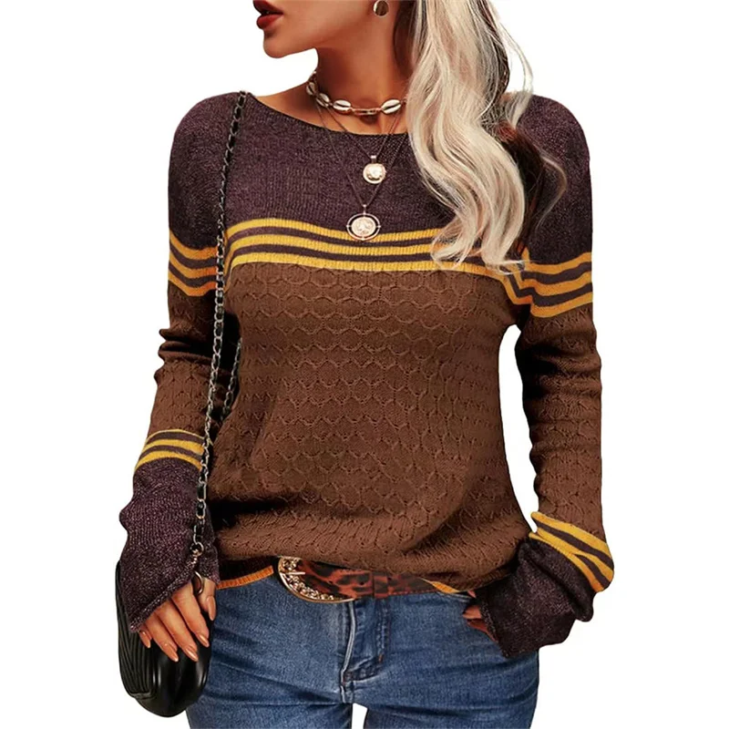 Autumn Winter New Color Blocking Sweater Women O Neck Pullover Long Sleeve Knitted Tops Female Daily Comfortable Casual Jumpers 4