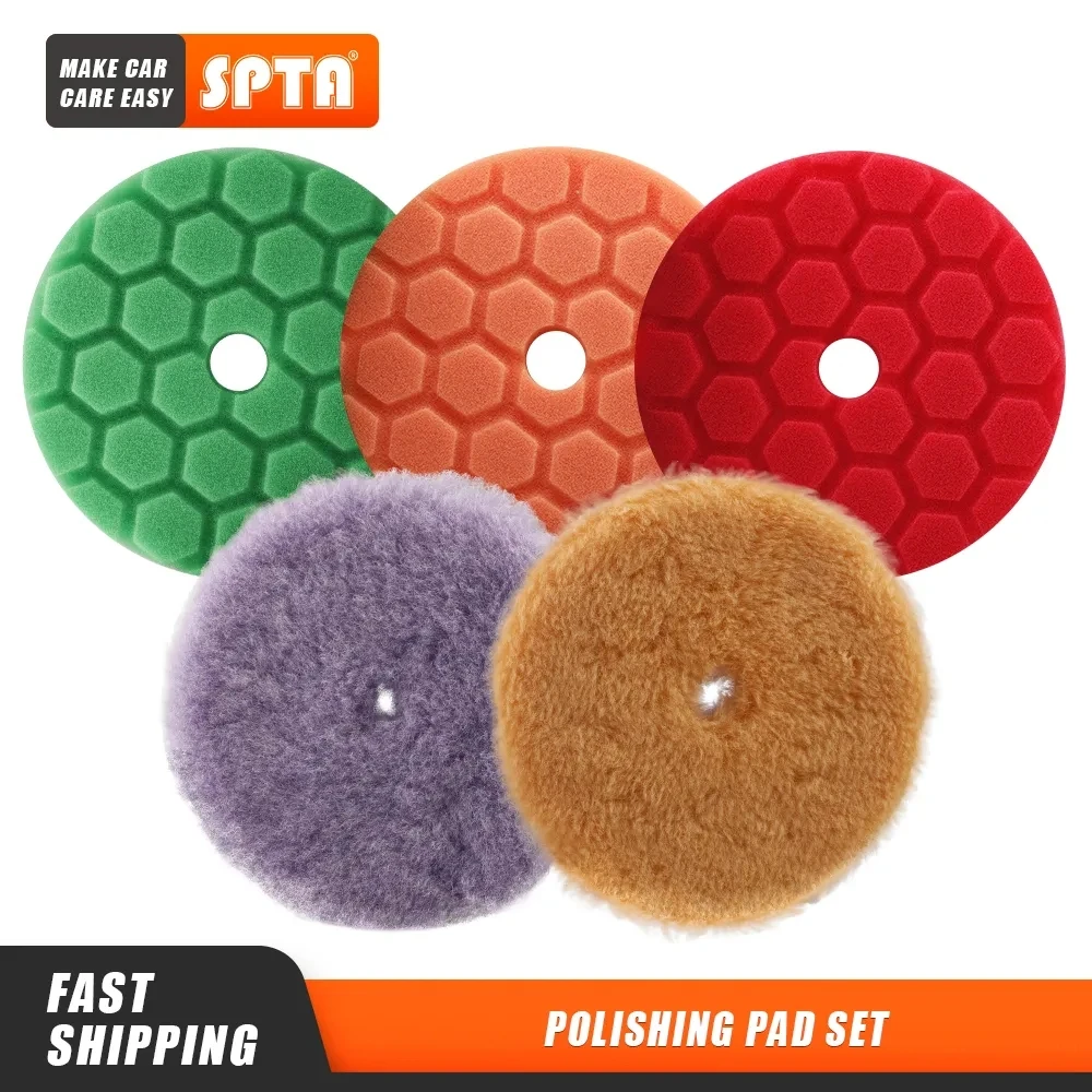 

SPTA 5Pcs 3"(80mm)/5"(125mm)/6"(150mm) Car Sponge Wool Polishing Pads Set for DA/RO/GA Buffer Polisher Buffing Waxing