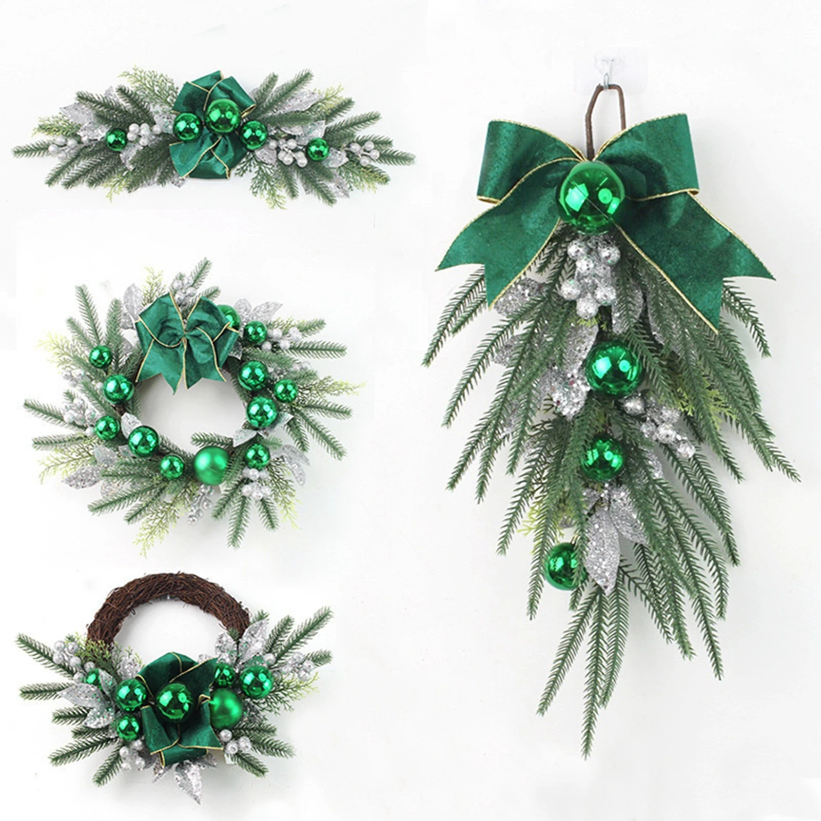 

2024 Рождественский настенный венок, подвески, креативные зеленые рождественские шарики, сосновые иглы, внутренняя вверх дном ротанговая гирлянда, подвесная дверь