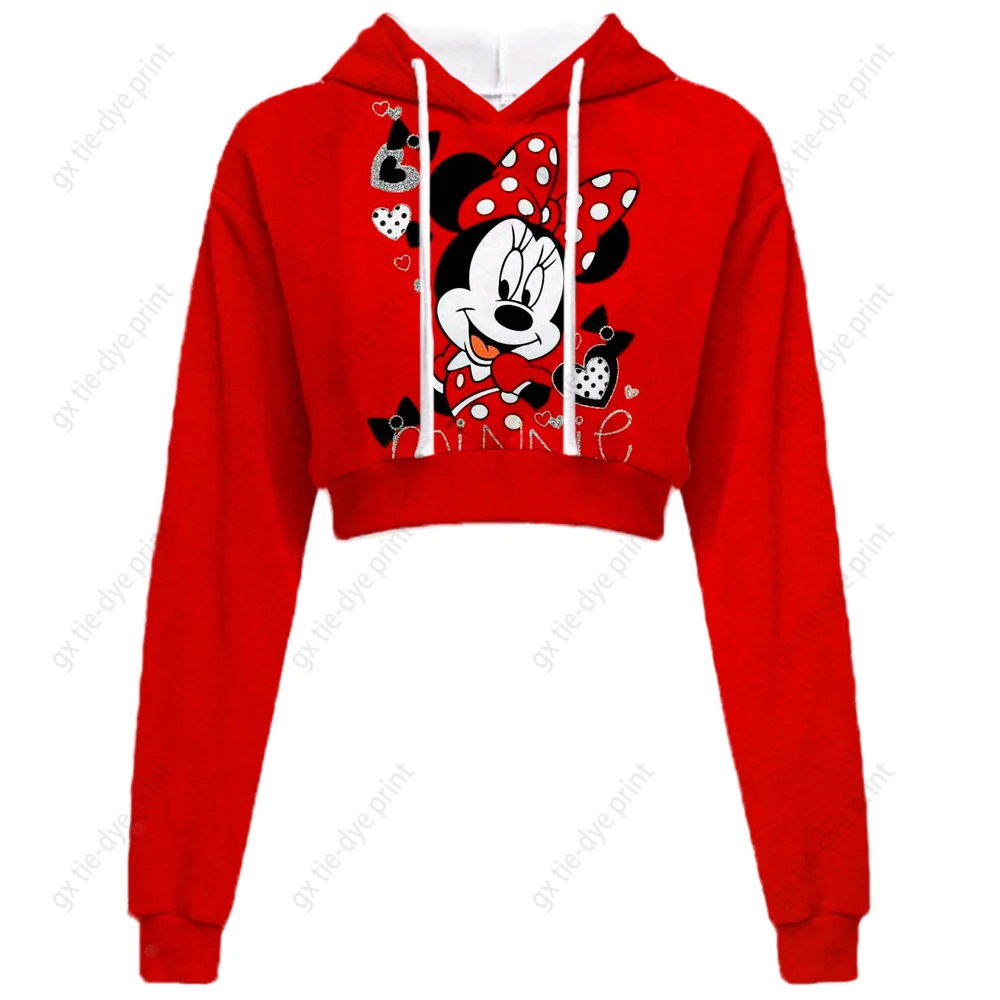 

Women's hooded sportswear drawstring pullover sweatshirt Disney Mickey Mouse print Navel Crop hooded long sleeved slim fit short