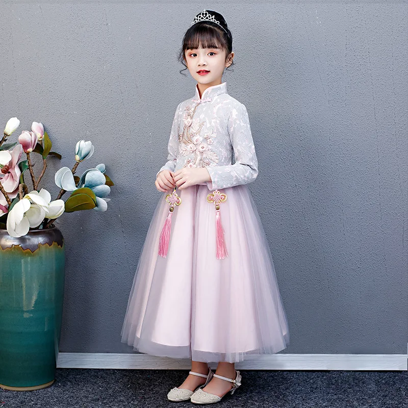 

MODX Girl Dress Autumn Hanfu Tang Suit 2023 New Chinese Style Turtleneck Embroidery Print Ancient Costume Children'S Cheongsam