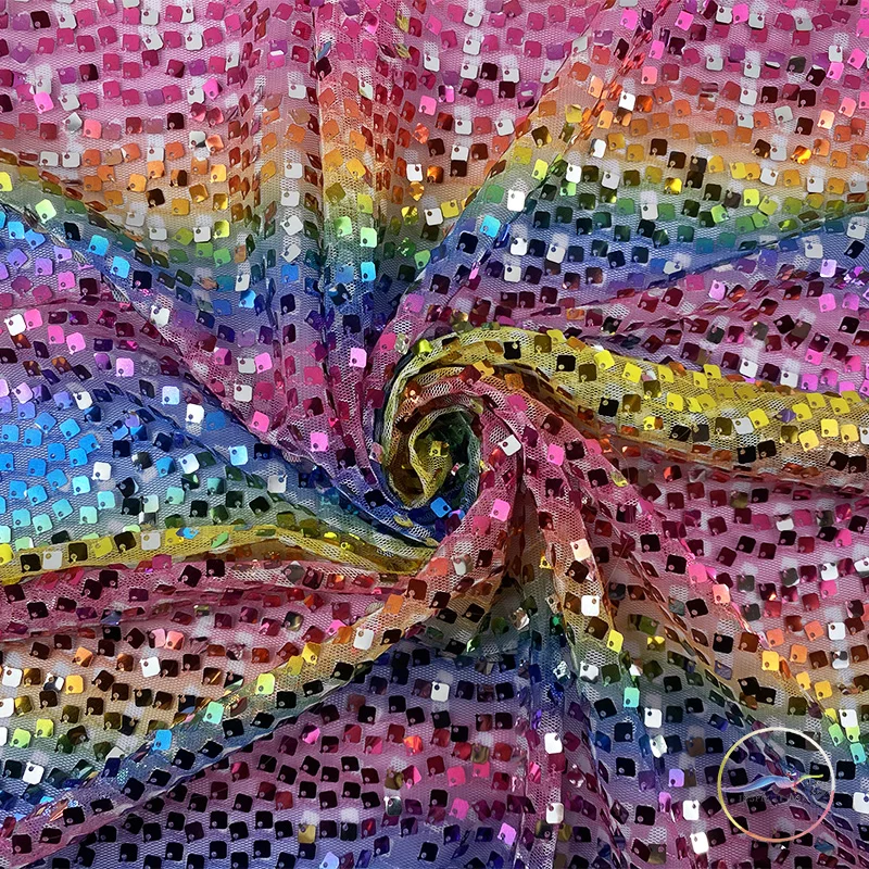 Glitzy Embroidery Rainbow Printed Sequin Stretch Mesh Ground For Clothsing Making Party Events And Dancewear Fabric
