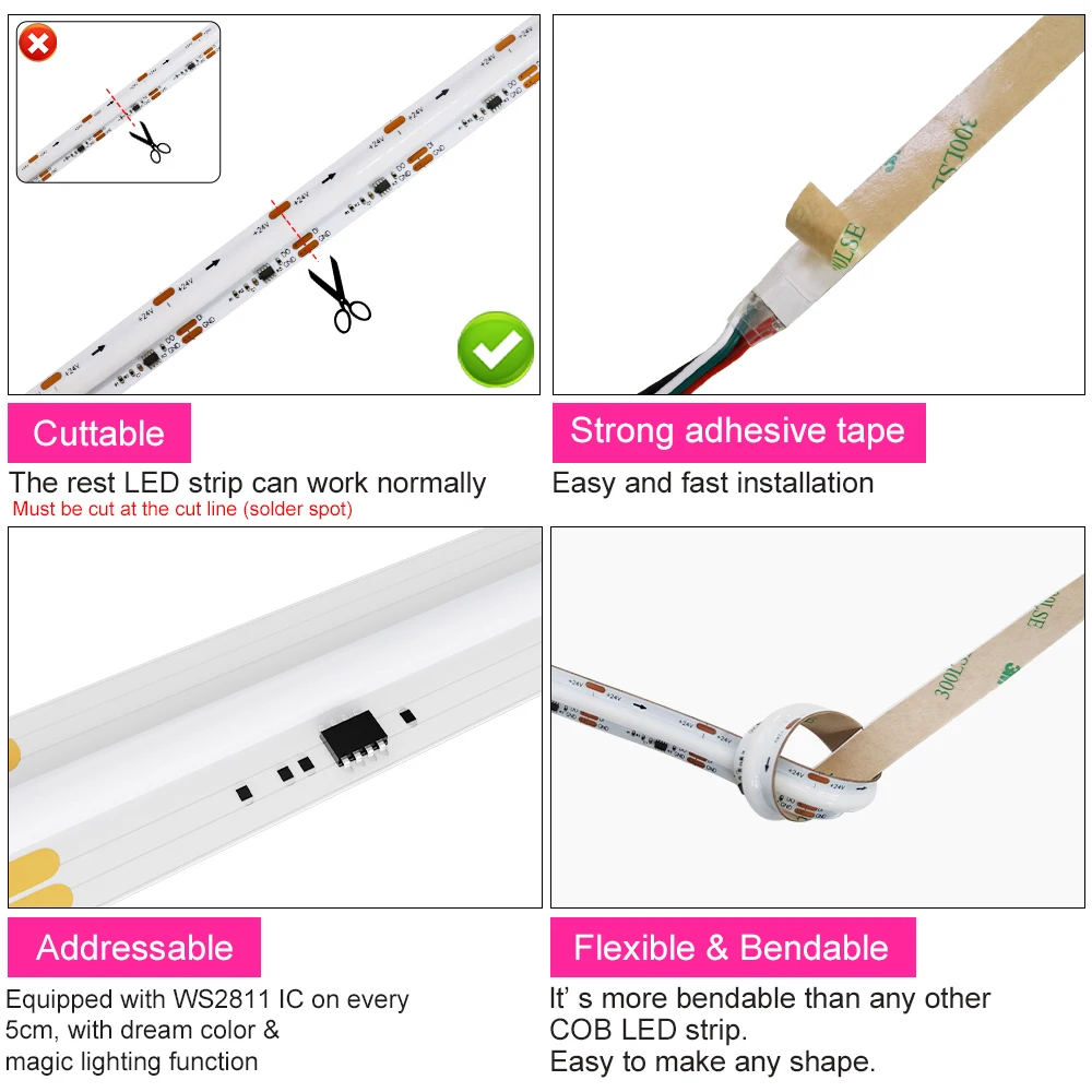 SPI RGB IC LED 조명 스트립, 주소 지정 가능, 720 576 LED, 드림 컬러, DC 12V, 24V, 고밀도, 유연한 FOB, COB 라이트 테이프, RA90, WS2811