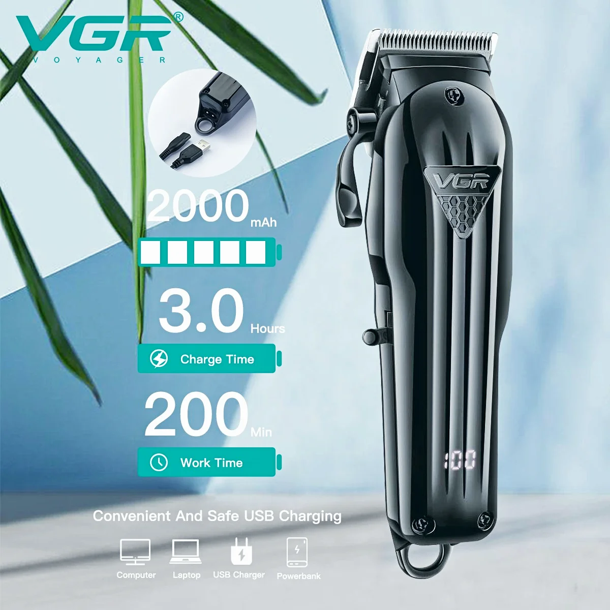 VGR Professional Hair Clipper Hair Cutting Machine Adjustable Haircut Cordless Barber Rechargeable Trimmer Men LED Display V-282_voghion.com