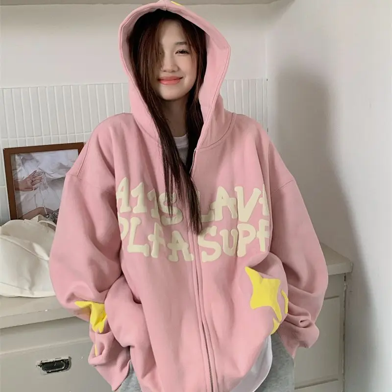 

2022 New Star Foaming Printing Plush Zip Hoodie Coat Women Free Shipping