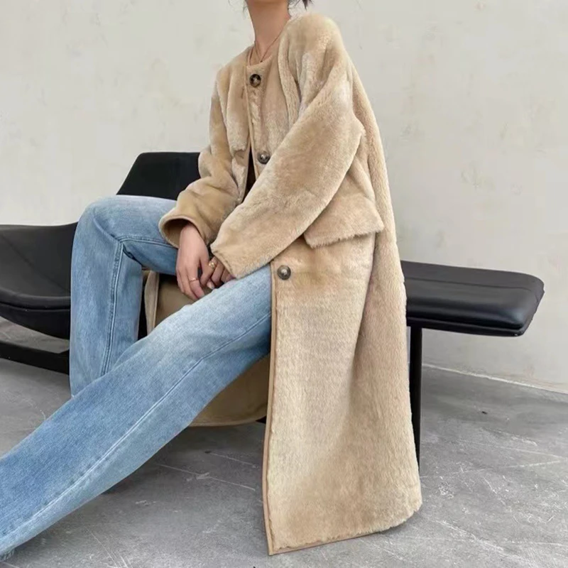 Genuine Leather and Fur Coat Women Winter Fashion Sheep Shearing O-Neck Loose Slim Simple Coffe/Camel Long Maomaokong Fur Jacket