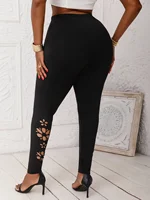 Plus Size Women's High-Elasticity Skinny Pants with Floral Pattern Hollow Comfortable Leggings Fashionable Knit Long Trousers - Image 2