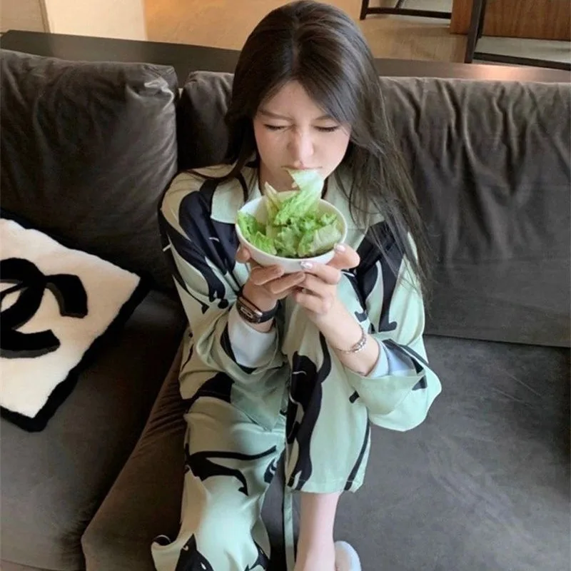 Korean Printed Pajamas Women Spring Autumn Long Sleeve Nightdress 2024 The Latest Ice Silk Sleepwear Loose Casual Home Wear Set