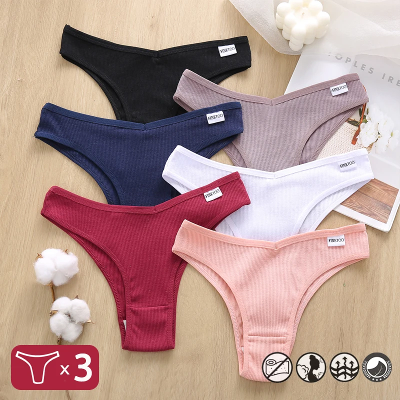 3PCS/Set FINETOO Women Cotton Panties Sexy Solid Underwear Female