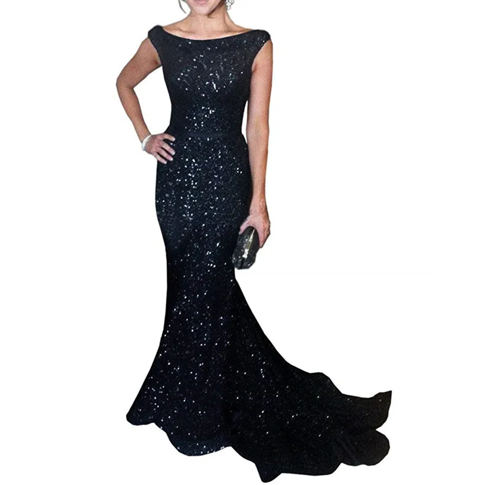 

Solovedress 2019 Fabric Cap Sleeves Navy Sequin Mermaid Evening Dress Boat Neck Shiny Party Gown vestido de fiesta SLD-SLP9009