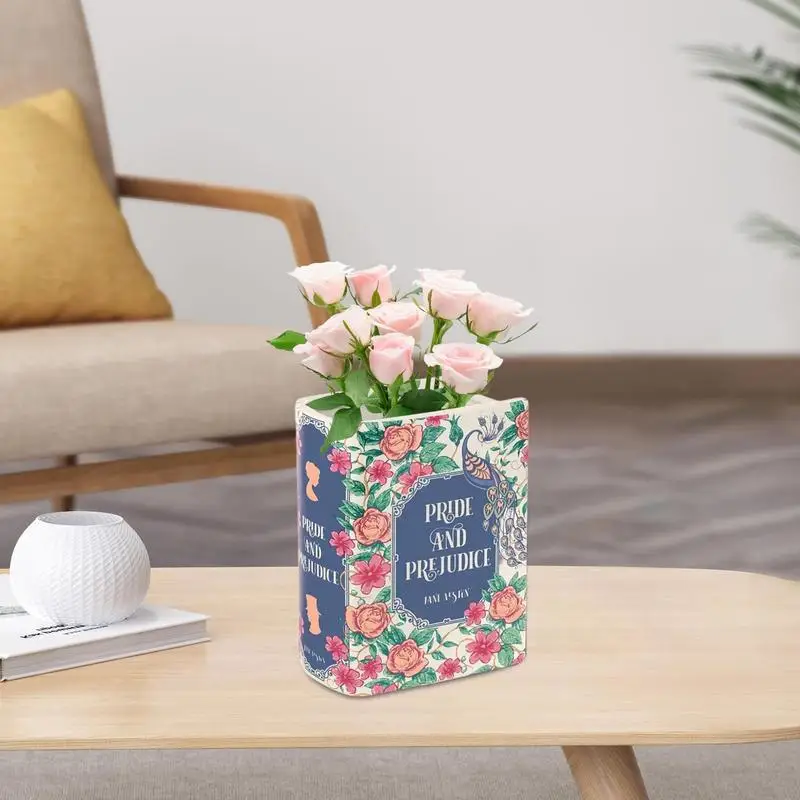 Jarrón de cerámica con forma de libro para libros, maceta de libros única, florero de flores, decoración de estantería bonita para flores y libros