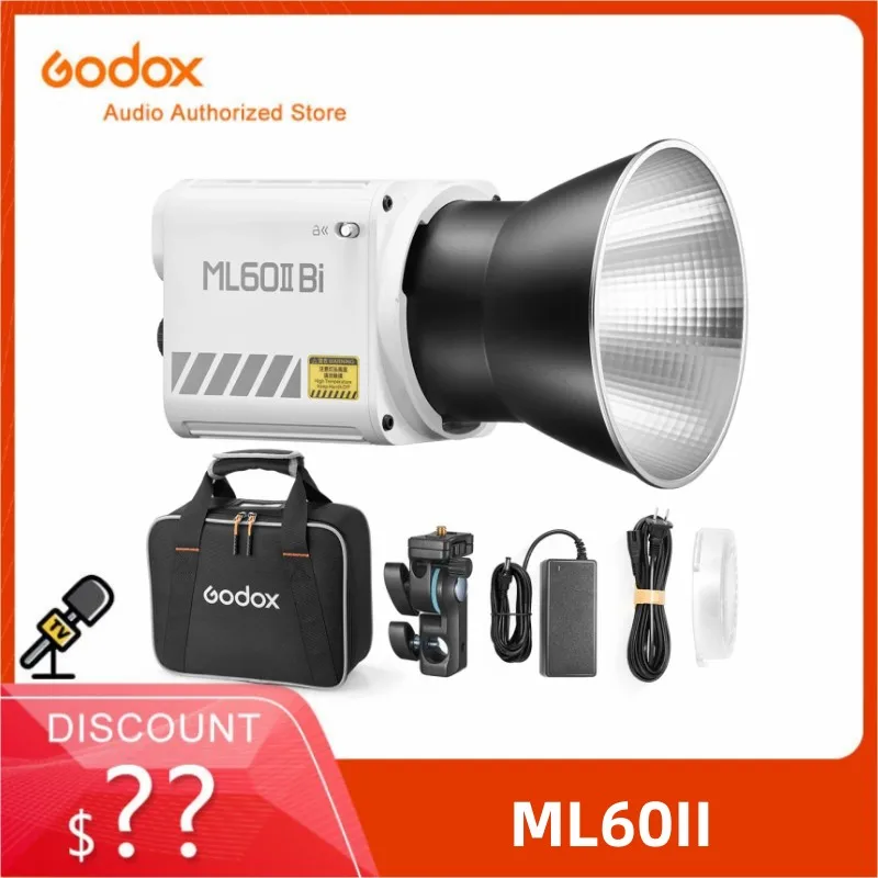 Godox ML60II BI 2800K -6500K LED 비디오 라이트, 무소음 모드, 휴대용 밝기 조정 지지대, 리튬 이온 야외 LED 업그레이드 램프