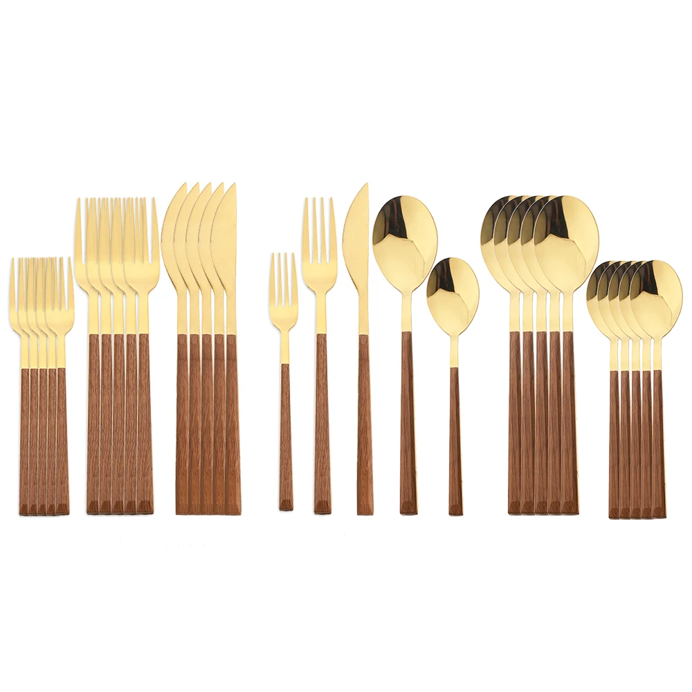 

20/30Pcs Gold Imitation Wood Handle Stainless Steel Cutlery Set Knife Fork Spoon Tableware Western Kitchen Dinnerware Flatware