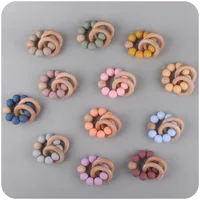 Baby Bracelet Teether Wooden circular ring Shaped Teething For Organic Silicone Beads Rattle Stroller Accessories Toys