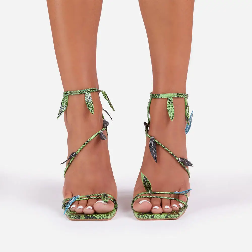 Summer New Fashion High Heel Sandals Green Pink Black Leaf Knot Crystal Transparent Heels Women's Foreign Trade Heels Large