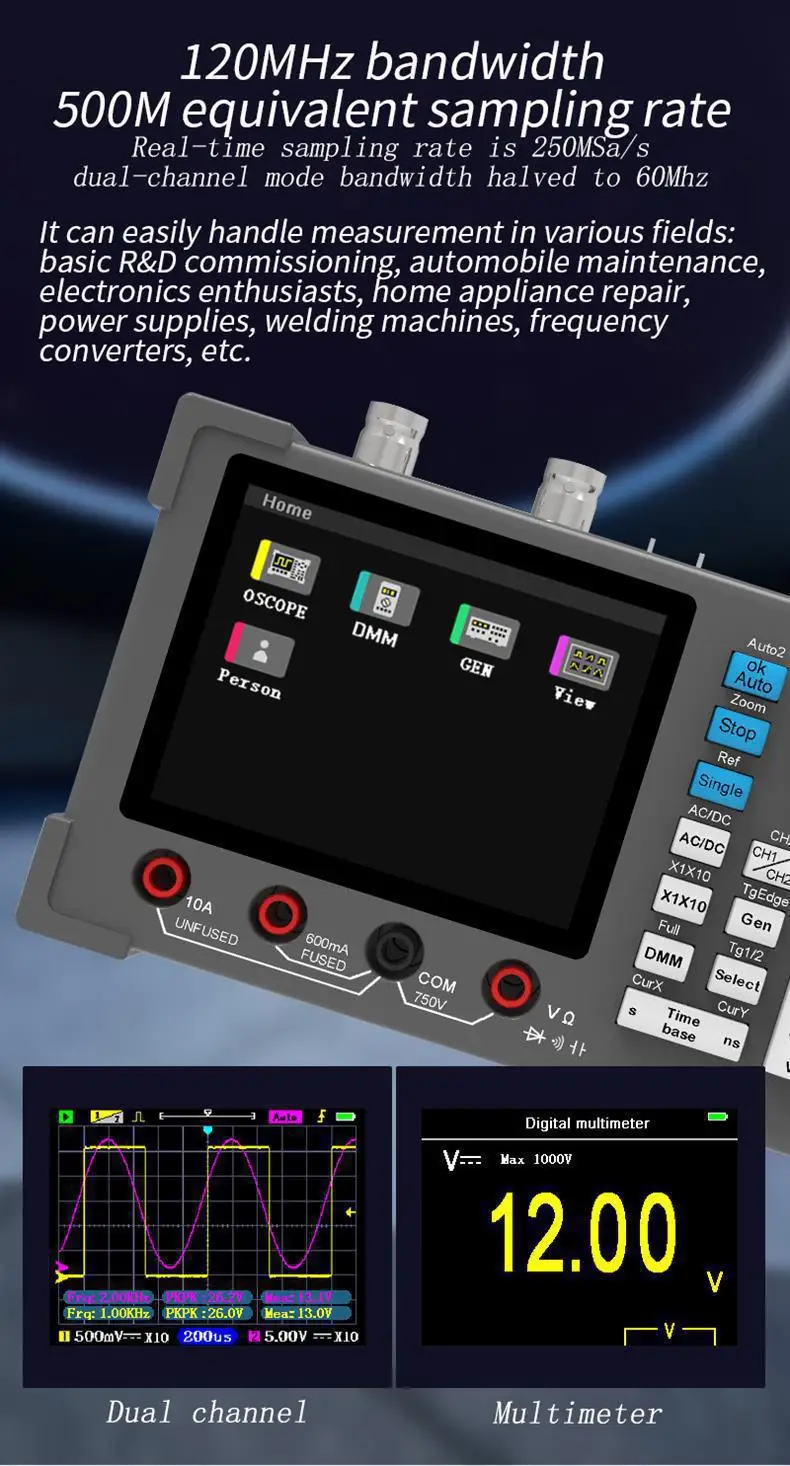 Protable DSO3D12 3.2 Inch Desktop Digital Oscilloscope 120M Bandwidth Dual Chann