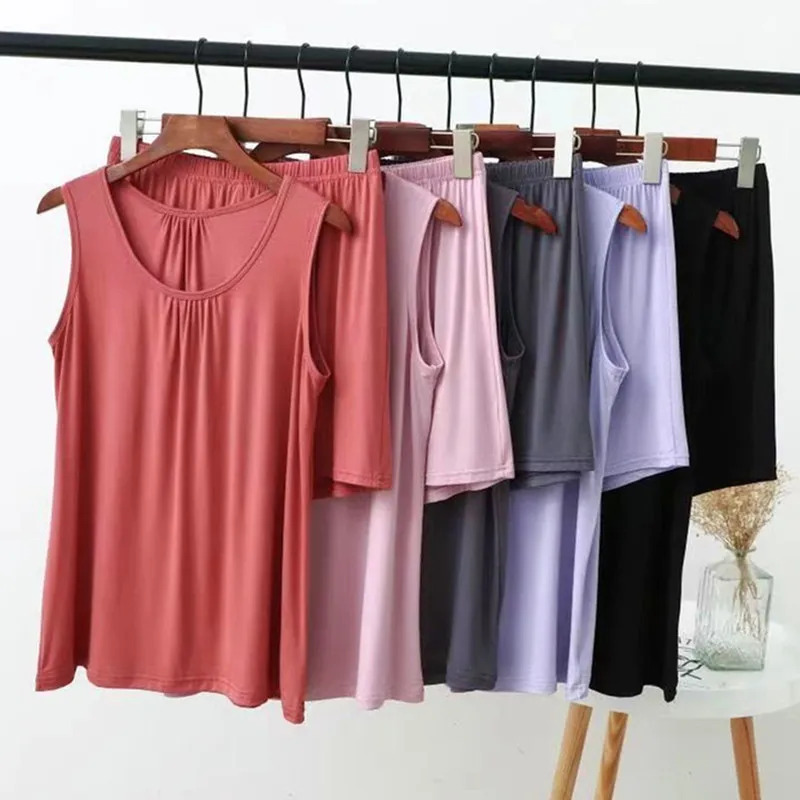 Фото Женский пижамный комплект Fdfklak XL-6XL, топ без рукавов + шорты, костюм из двух предметов, женская одежда для сна из модала и хлопка, женская пижама №1