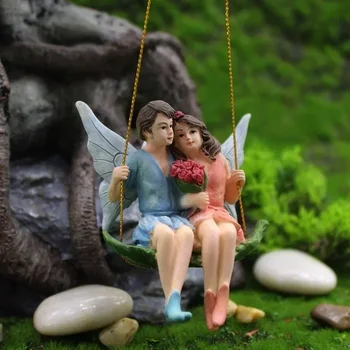 New Romantic Couple Swing Flower Statue Fairy Garden Micro Landscape Pendant Resin Craft Creative Scene Decoration