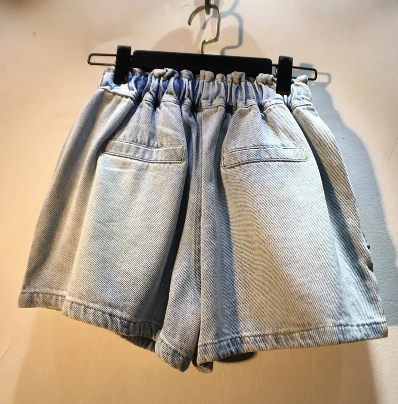 High Waxed Shorts Female Student 2023 Spring and Summer New Heavy Diamond Gem Wide-Leg Denim Shorts Women's Pants Denim Shorts