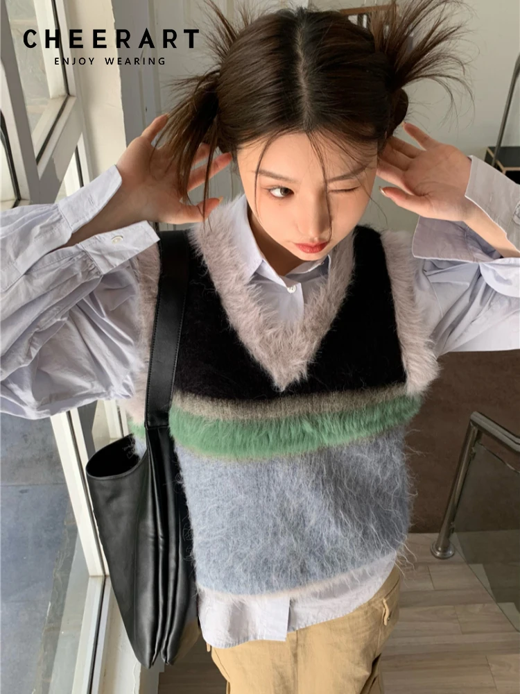 

CHEERART Faux Mink Sweater Vest V Neck Kawaii Patchwork Knitted Fur Vest Cute Sweater Korean Style Pullovers Fashion Clothing