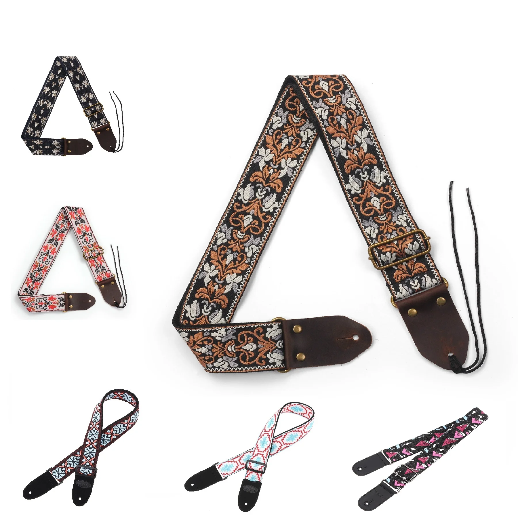 Leather Head Guitar Strap Stripes Bohemia Style Woven Embroidery Fabrics Guitar Bass Strap for Acoustic / Folk / Electric guitar
