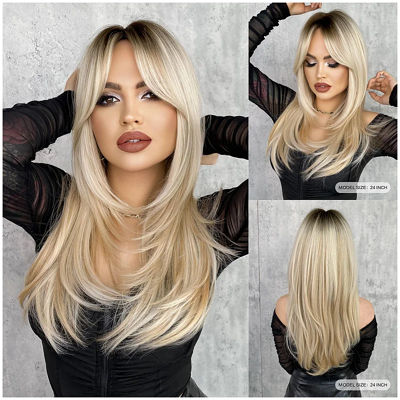 Long Straight Blonde Wigs With Bnags For Women Middle Part Layered Dark Roots Synthetic Hair Wigs For Daily Use 24 Inchse